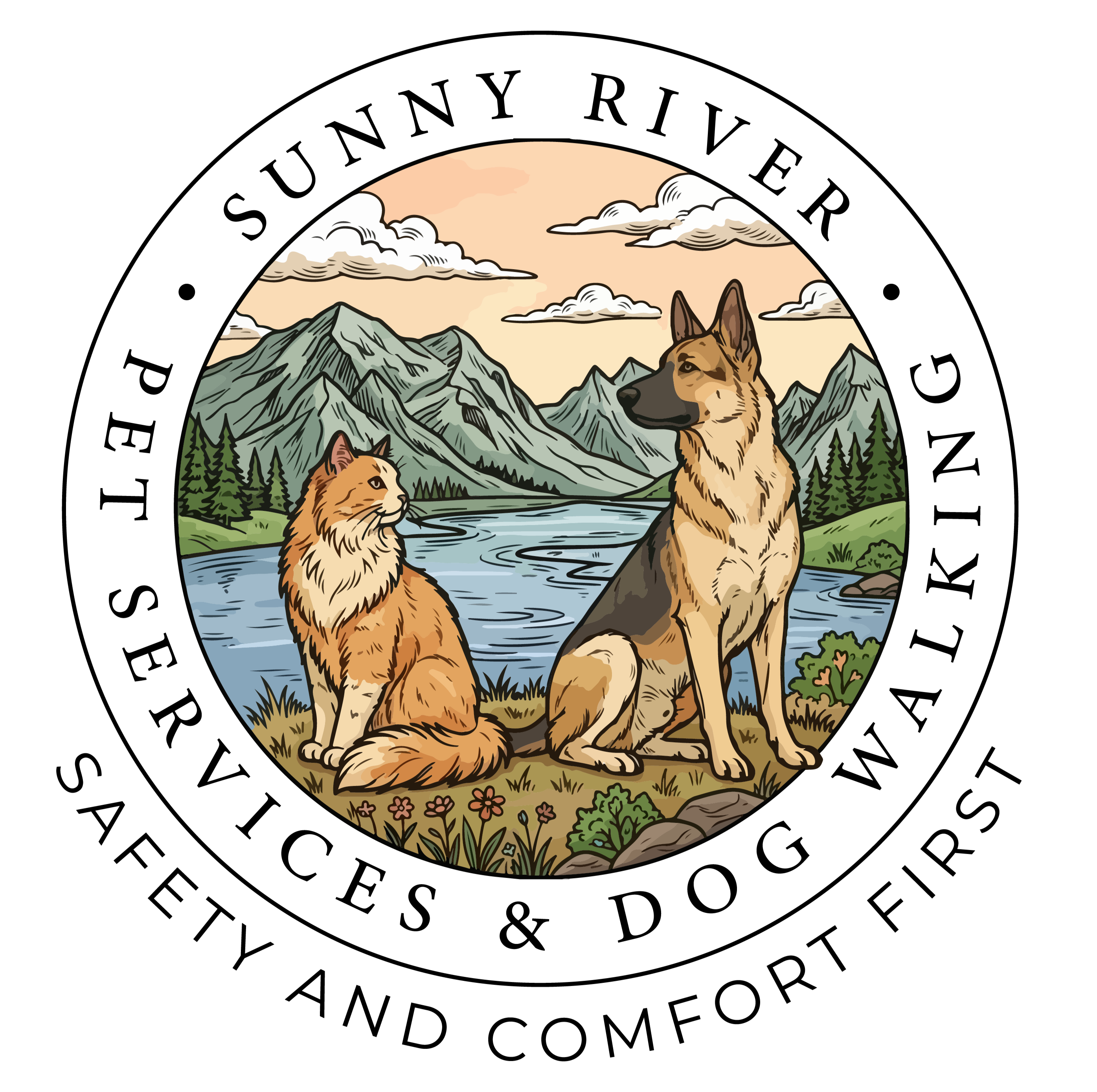 A woman sits with a white golden doodle in her lap and smiles.